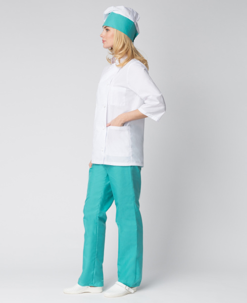 Костюм повара ШЕФ женский (белый/бирюзовый)