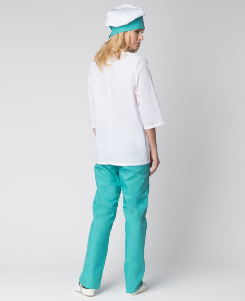 Костюм повара ШЕФ женский (белый/бирюзовый)