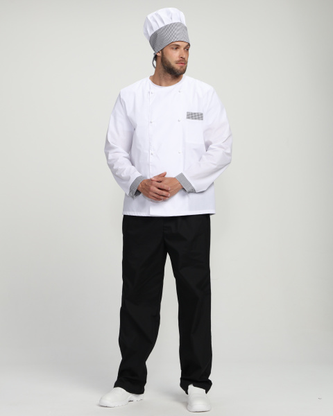 Костюм повара ШЕФ-2 (белый/черный/принт-клетка)