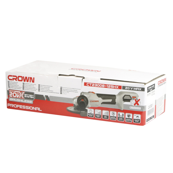 Аккумуляторная углошлифовальная машина CROWN CT23008-125HX 20В B3+ без акб и зу 3000-8500об/мин