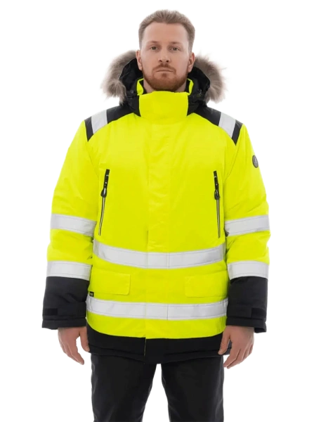 Куртка-парка BRODEKS KW 217 зимняя сигнальная c опушкой (желтый/черный)