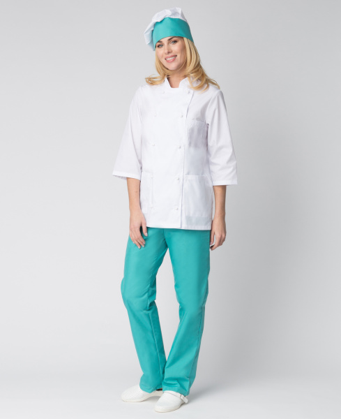 Костюм повара ШЕФ женский (белый/бирюзовый)