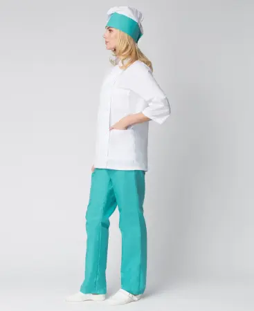 Костюм повара ШЕФ женский (белый/бирюзовый)