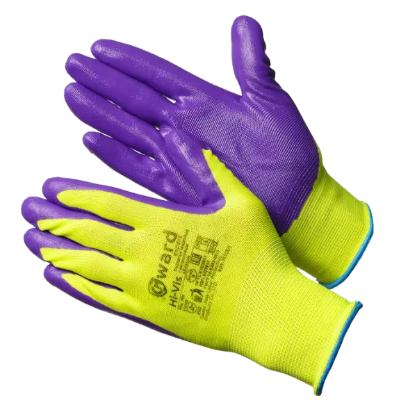 Перчатки HI-VIS нейлоновые с нитриловым покрытием Перчатки HI-VIS нейлоновые с нитриловым покрытием