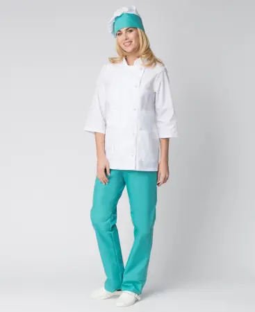 Костюм повара ШЕФ женский (белый/бирюзовый)